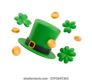 3D Patrick's hat. Flying leprechaun hat with golden coin, green shamrock and four-leaf clover. Realistic Irish symbol of St. Patrick's Day. Vector sign of luck and success isolated on white background