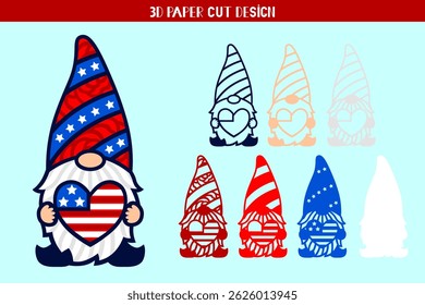 3D Patriotic gnome with heart. Independence Day in the USA. Cartoon vector illustration. Cute character. Layered gnome paper or laser cut template.4th of July.