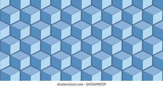 3d pattern of cubes located on top of each other. Geometric vector pattern of volumetric cubes. Blue color of cubes.