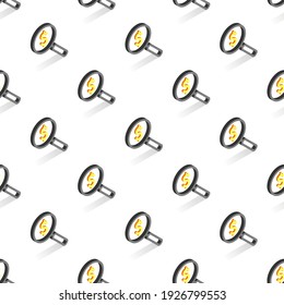 3d Pattern With Magnifying Glasses And Money Signs Isolated On White Background. Vector Illustration In Isometric Style.eps 10 Template