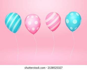 3D Patterned balloons with strings.  Illustration of two pairs of balloons in pink and blue color. Each group are with striped and dotted surfaces tied with white strings on pink background