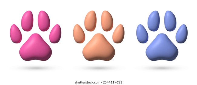 Coleção de ícones de pata 3d. Diferente cor realística pet footprint isolado no fundo branco