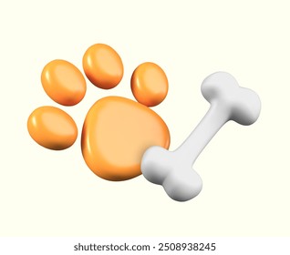 3D paw print, bone. Vector illustration for pet business concepts. Funny composition