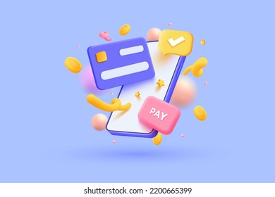 3d pay with mobile phone, banking online payments icon concept. Pay button on smartphone transaction with credit card. 3d mobile with financial bills receipt. 3d vector illustration - Shutterstock ID 2200665399