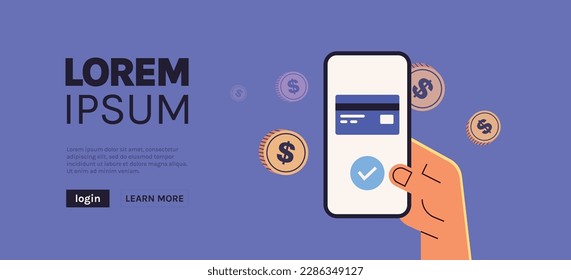 3d pay with mobile phone, banking online payments and pay button on smartphone transaction witch credit card flat vector illustration.