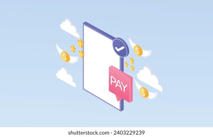 3D pay with mobile phone, banking online payments icon concept. Pay button on smartphone transaction.3d goal for business, bank, finance, investment, money illustration.