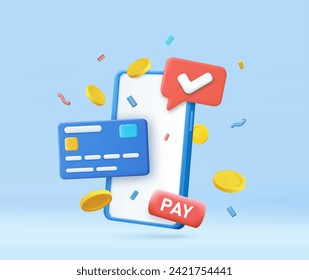 3d pay with mobile phone, banking online payments icon concept. mobile with financial bills receipt. 3d rendering. Vector illustration