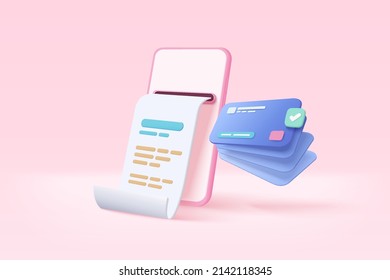 3d pay money with mobile phone banking online payments concept. Bill on smartphone transaction with credit card. 3d mobile phone with receipt on background. 3d bill payment vector icon illustration