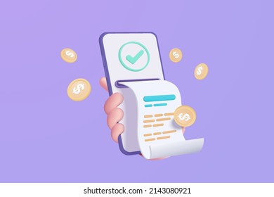 3d pay money with mobile phone banking e billing concept. Easy bill payment transaction on the smartphone. Mobile 3d in hand with financial paper. 3d e bill bank payment vector icon illustration
