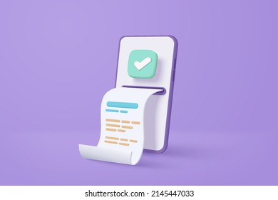 3d pay money with mobile phone banking online payments concept. Easy e bill payment transaction on 3d smartphone. Mobile with financial paper on background. 3d e bill payment vector icon illustration