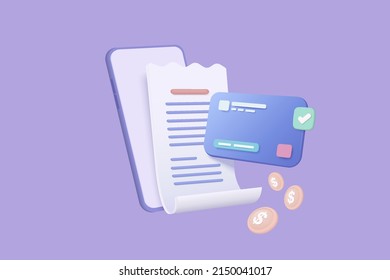 3d pay money with mobile phone banking online payments icon concept. Bill on smartphone transaction with credit card. 3d mobile with financial bills receipt. 3d bill payment vector icon illustration
