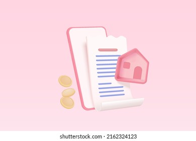 3d pay money with mobile phone banking online payment cartoon concept. House bill transaction on app. business invoice bill, banking payment receipt. 3d home bill payment vector icon illustration