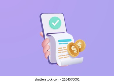 3d pay money with mobile phone banking online payments concept. 3d bill on smartphone transaction with money coin. Mobile with money financial document. 3d bill payment vector icon illustration