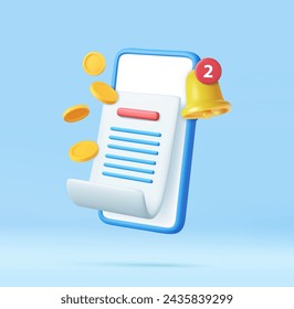 3d pay money with mobile phone banking online payments. Bill on smartphone transaction with money coin. Mobile phone financial alert with bell notification. 3D Rendering. Vector illustration