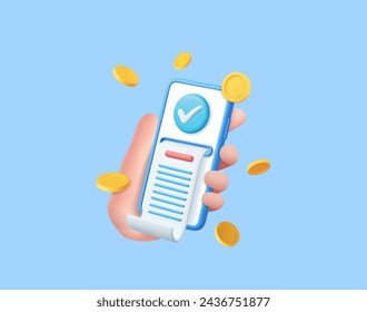 3d pay money with mobile phone banking online payments. Bill on smartphone transaction with money coin. 3D Rendering. Vector illustration