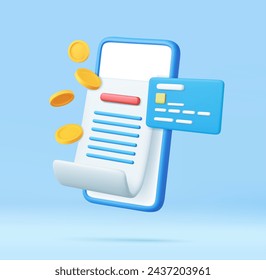 3d pay money with mobile phone banking billing concept. Bill on smartphone transaction with credit card. financial security for online shopping, online payment. 3D Rendering. Vector illustration