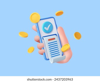 3d pay money with mobile phone banking online payments. Bill on smartphone transaction with money coin. 3D Rendering. Vector illustration