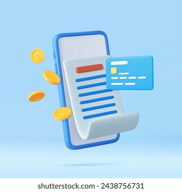 3d pay money with mobile phone banking billing concept. Bill on smartphone transaction with credit card. financial security for online shopping, online payment. 3D Rendering. Vector illustration