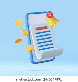 3d pay money with mobile phone banking online payments. Bill on smartphone transaction with money coin. Mobile phone financial alert with bell notification. 3D Rendering. Vector illustration