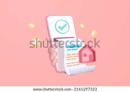 3d pay money with mobile phone banking online payment cartoon concept. House bill payment transaction on app. Mobile in hand holding with financial paper. 3d home bill payment vector icon illustration