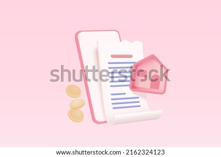 3d pay money with mobile phone banking online payment concept. 3d house bill transaction on app. house invoice bill on phone, money payment receipt. 3d home bill payment vector icon illustration