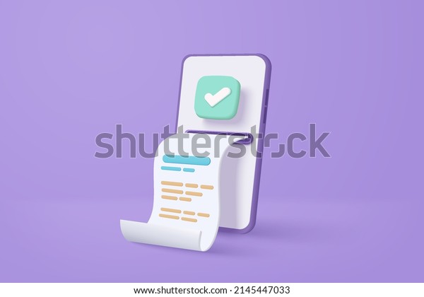 3d pay money with mobile phone banking\
online payments concept. Easy e bill payment transaction on 3d\
smartphone. Mobile with financial paper on background. 3d e bill\
payment vector icon\
illustration