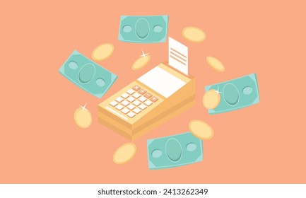 3D Payment concept payment terminal and banknotes floating coins around.3d goal for business, bank, finance, investment, money illustrations.