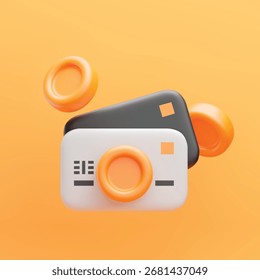 3D-Zahlungssymbol. Kredit- oder Debitkarte mit schwimmenden Münzen. Unternehmens- und Finanzvektorsymbol. Finanztransaktion, Einkaufsdienstkonzept. Realistische Illustration auf gelbem Hintergrund