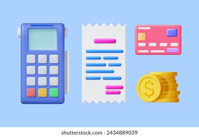 3D Payment Icons Set. Render Terminal with Card, Coins and Receipt. Modern POS Bank Payment Device. Payment NFC Keypad Machine. Golden Dollar Coins. Credit Debit Card Reader. Vector illustration