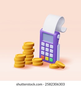 3D Payment icons set. Render terminal with card, coins and receipt. Modern POS bank payment device. Payment NFC keypad machine. Golden dollar coins. Credit debit card reader. Vector illustration