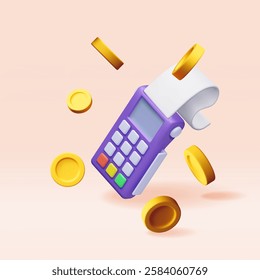 3D Payment icons set. Render terminal with card, coins and receipt. Modern POS bank payment device. Payment NFC keypad machine. Golden dollar coins. Credit debit card reader. Vector illustration