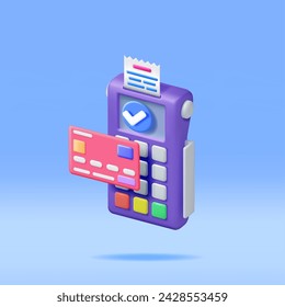 3D Payment Terminal with Card and Receipt Isolated. Render Modern POS Bank Payment Device. Payment NFC Keypad Machine. Credit Debit Card Reader. Contactless Payment Transaction Vector illustration