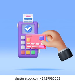 3D Payment Terminal with Card and Receipt Isolated. Render Modern POS Bank Payment Device. Payment NFC Keypad Machine. Credit Debit Card Reader. Contactless Payment Transaction Vector illustration