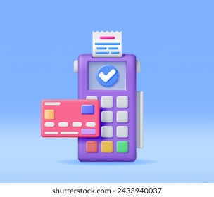 3D Payment Terminal with Card and Receipt Isolated. Render Modern POS Bank Payment Device. Payment NFC Keypad Machine. Credit Debit Card Reader. Contactless Payment Transaction Vector illustration