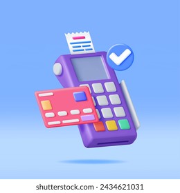 3D Payment Terminal with Card and Receipt Isolated. Render Modern POS Bank Payment Device. Payment NFC Keypad Machine. Credit Debit Card Reader. Contactless Payment Transaction Vector illustration