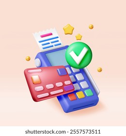 3D payment terminal with card and receipt isolated. Render modern POS bank payment device. Payment NFC keypad machine. Credit debit card reader. Contactless payment transaction. Vector illustration