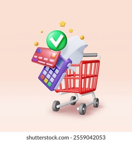 3D payment terminal with card and shopping cart. Render modern POS bank payment device. Payment NFC keypad machine. Credit debit card reader. Contactless payment transaction. Vector illustration