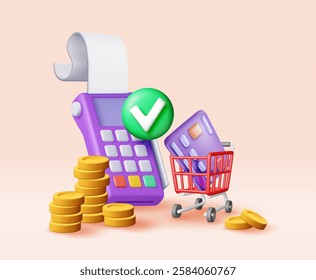 3D payment terminal with coins and shopping cart. Render shopping concept. Payment NFC keypad machine. Credit debit card reader with shop trolley. Contactless payment transaction. Vector illustration