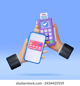 3D Payment Terminal in Hand with Smartphone and Receipt. Render Modern POS Bank Payment Device. Payment NFC Keypad Machine. Credit Debit Card Reader Contactless Payment Transaction Vector illustration