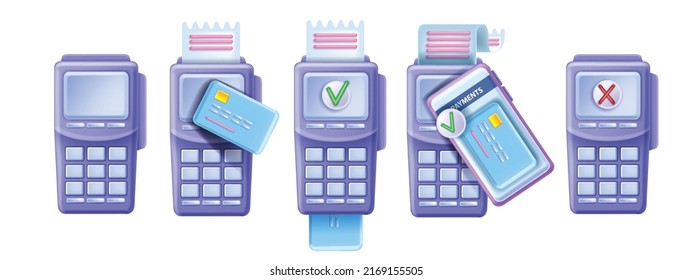 3D payment terminal icon set, vector POS machine bank device kit, credit card, smartphone, PIN pad. Electronic payment concept, cashless NFC success transaction, decline transfer. Payment terminal