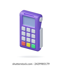 3D Payment Terminal Isolated. Render Modern POS Bank Payment Device. Payment NFC Keypad Machine. Credit Debit Card Reader. Contactless Payment Transaction Vector illustration