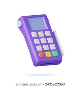 3D Payment Terminal Isolated. Render Modern POS Bank Payment Device. Payment NFC Keypad Machine. Credit Debit Card Reader. Contactless Payment Transaction Vector illustration