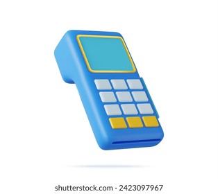 3D Payment Terminal. Render Modern POS Bank Payment Device. Payment NFC Keypad Machine. Credit Debit Card Reader. Contactless Payment Transaction. 3d rendering. Vector illustration