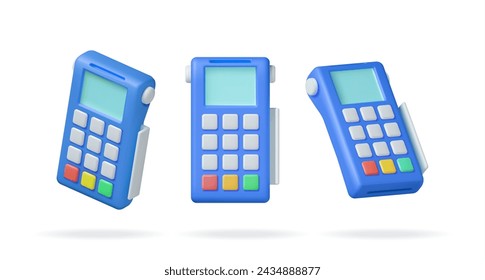 3D Payment Terminal Set Isolated. Render Modern POS Bank Payment Device Various Poses. Payment NFC Keypad Machine. Credit Debit Card Reader. Contactless Payment Transaction Vector illustration