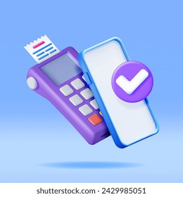 3D Payment Terminal with Smartphone and Receipt. Render Modern POS Bank Payment Device. Payment NFC Keypad Machine. Credit Debit Card Reader. Contactless Payment Transaction Vector illustration