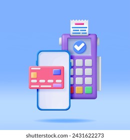3D-Zahlungsterminal mit Smartphone und Quittung. Modernes POS-Bank-Zahlungsgerät wiedergeben. Bezahlung NFC-Tastatur-Maschine. Kreditkartenleser. Kontaktlose Zahlung Transaktion Vektor-Illustration