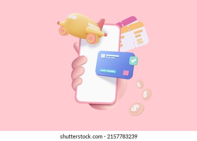 3D Payment Ticket For Flight Airplane Online Via Mobile Phone, Ready For Tourism And Travel Planning With Smartphone. Travel Booking And Service. 3d Vector Airplane Ticket Render Illustration