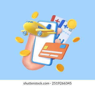 3D payment ticket for flight airplane online with credit card via mobile phone. Online Booking, Search Tickets App. Holiday or Vacation. 3d rendering. Vector illustration