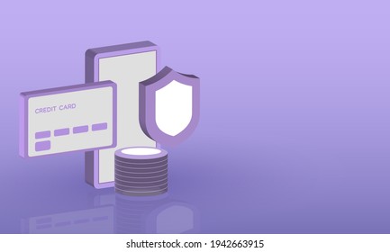 3D. payment via credit card concept. Secure online payment transaction with smartphone. Internet banking via credit card on mobile. object floating background.