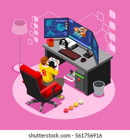 3D PC Computer Video Game Screen & Gamer Person Playing Retro Online Game Console Controller Android Phone Computer. Isometric People Game Icon Set. Creative Design Vector Graphic Illustration